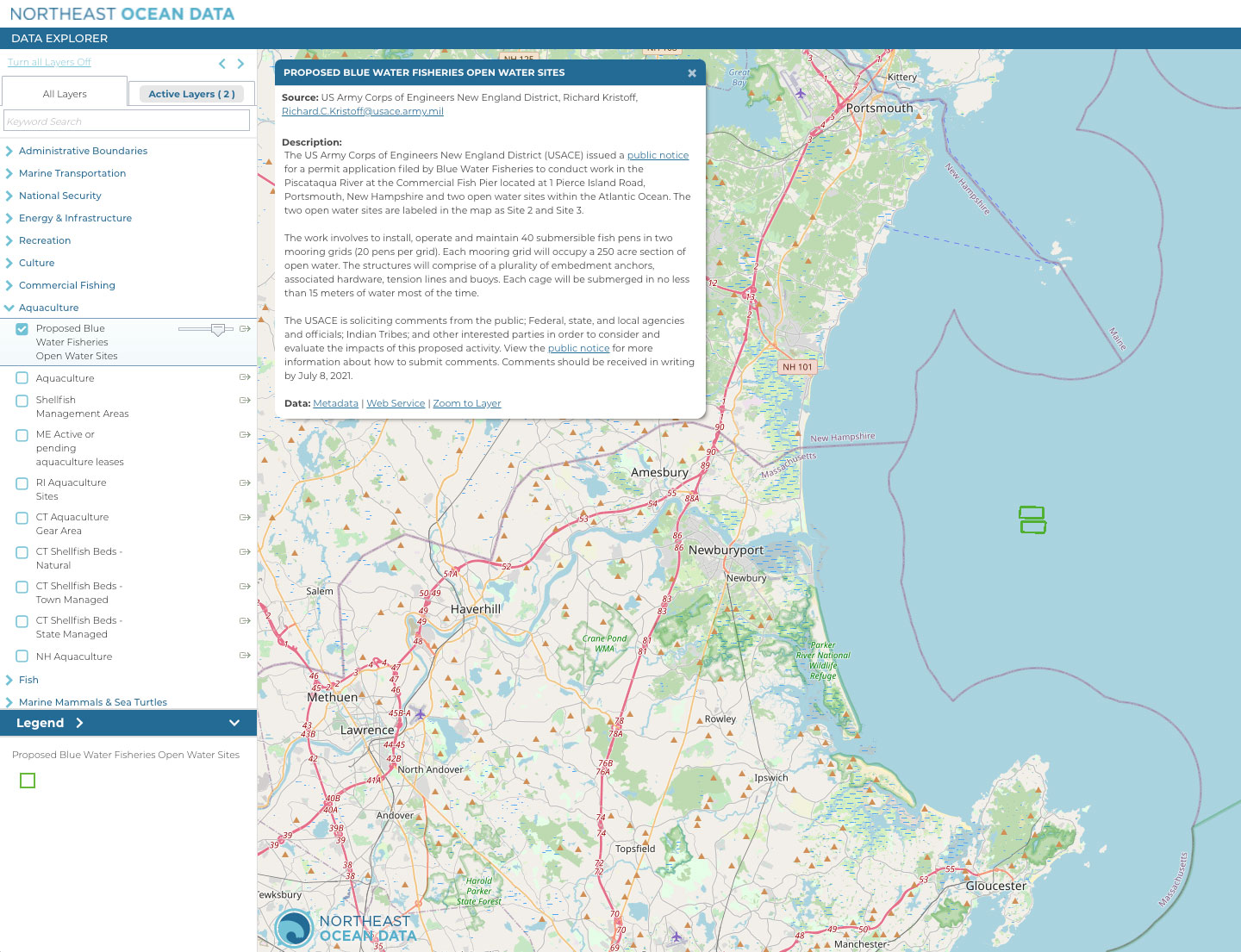 Screenshot of Portal map showing proposed fish farm sites.