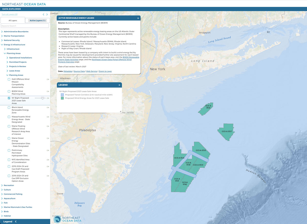 Screenshot of Data Explorer map showing proposed lease areas for offshore wind development on the Outer Continental Shelf in the New York Bight.