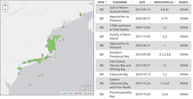 Map and spreadsheet of multibeam sonar surveys