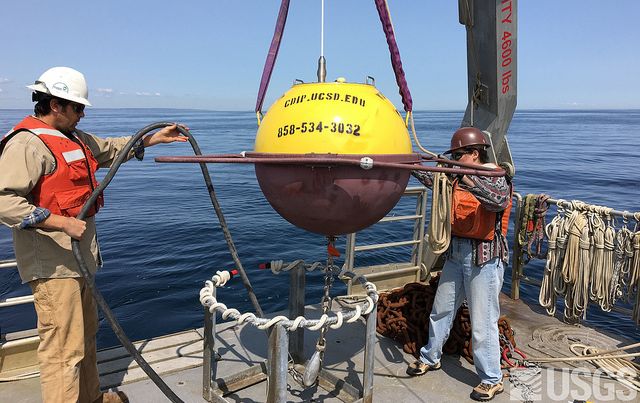 Deploying the new wave buoy in Cape Cod Bay.