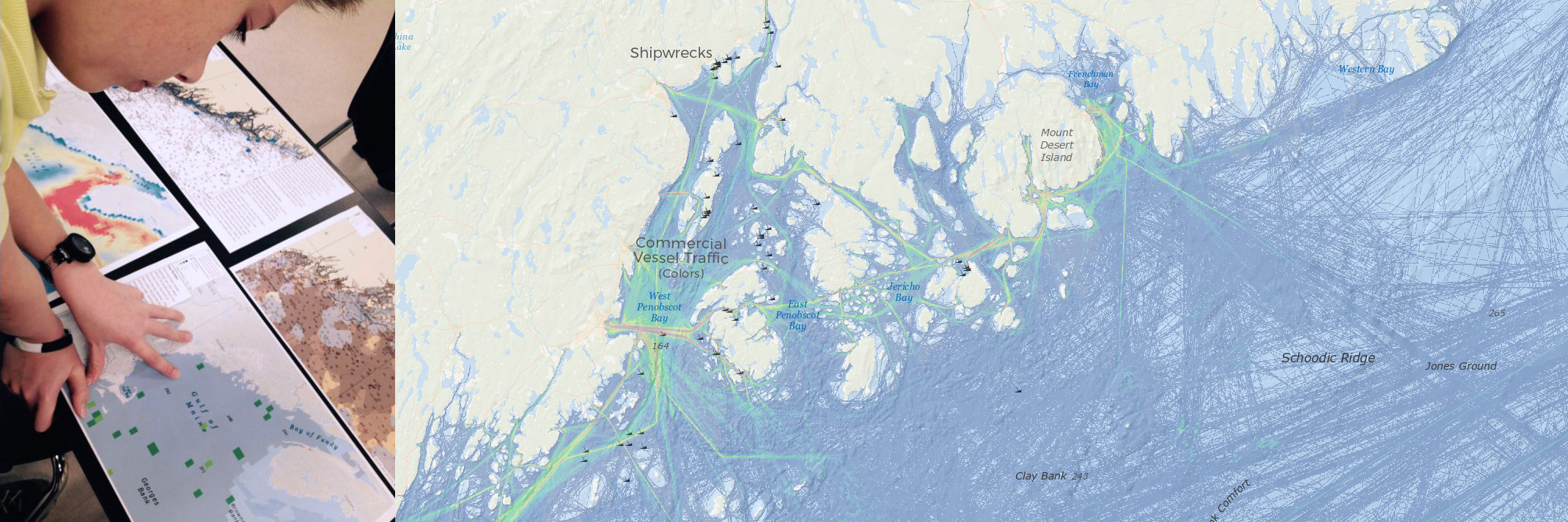 A student examines a map from the Northeast Ocean Data Portal.