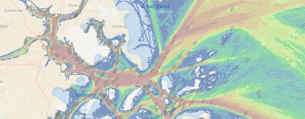 Screenshot of Portal map showing vessel traffic, based on Automatic Identification System (AIS) data, with buoys and other aids to navigation. Buoy symbols indicate aids to navigation, and colors indicate vessel traffic (blue: low, red: high). 