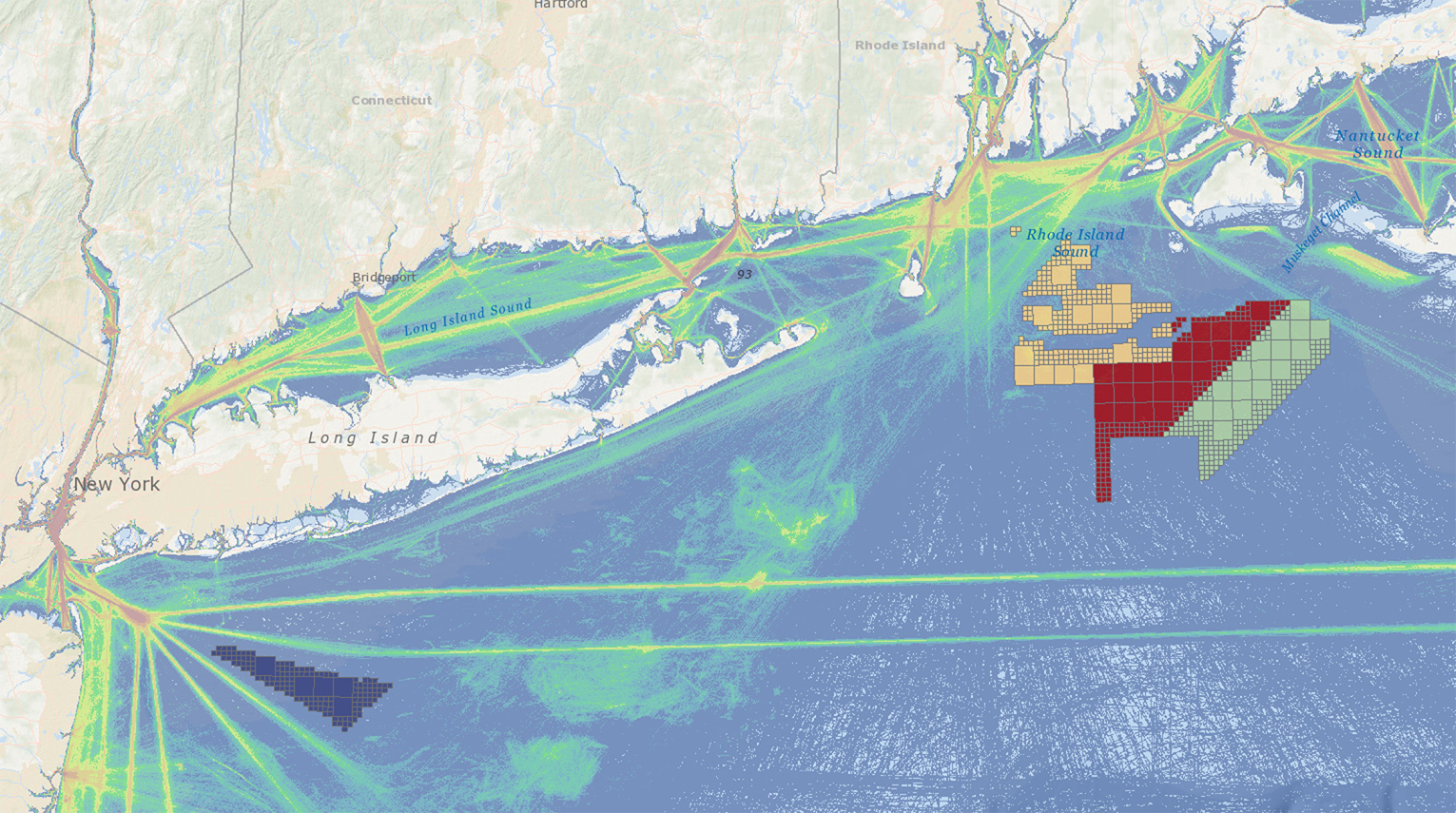 Map of 2017 all vessel transits overlaid with offshore wind lease areas