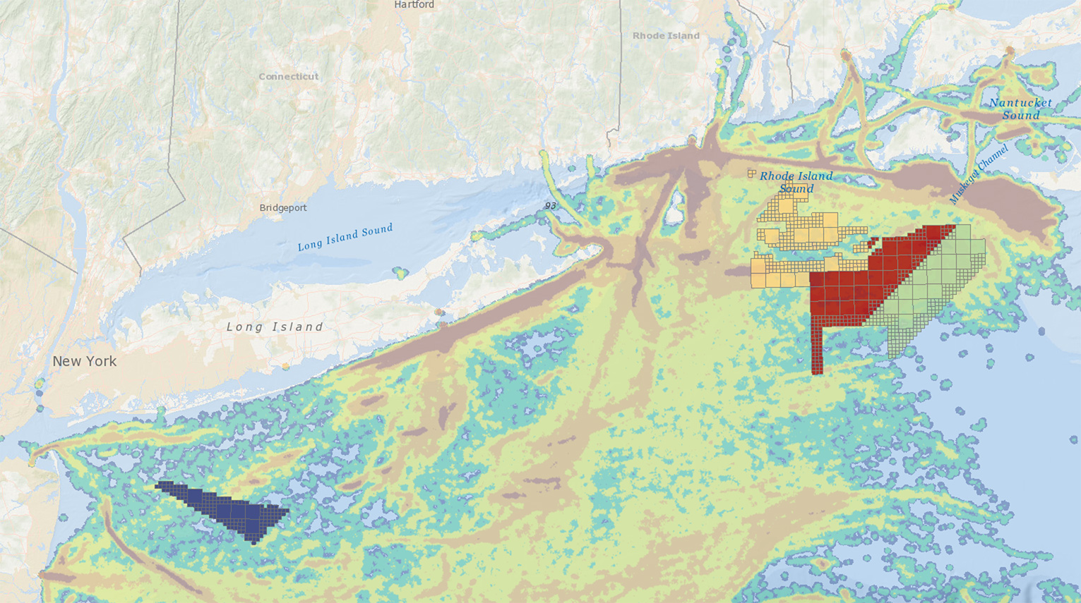 Map of squid fishing vessel activity overlaid with offshore wind energy lease areas