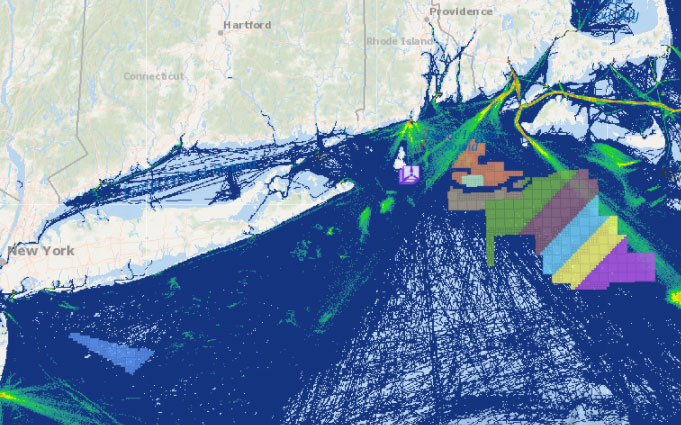 Offshore Wind Lease Areas, Operational Installations & Fishing Vessel Activity (Transit Counts in 2017)