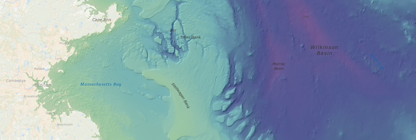 Bathymetry (depth) from Boston Harbor into offshore waters