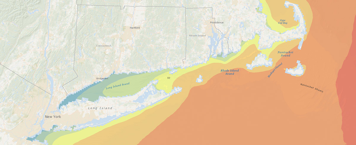 Average annual wind speeds offshore of southern New England and Long Island, New York
