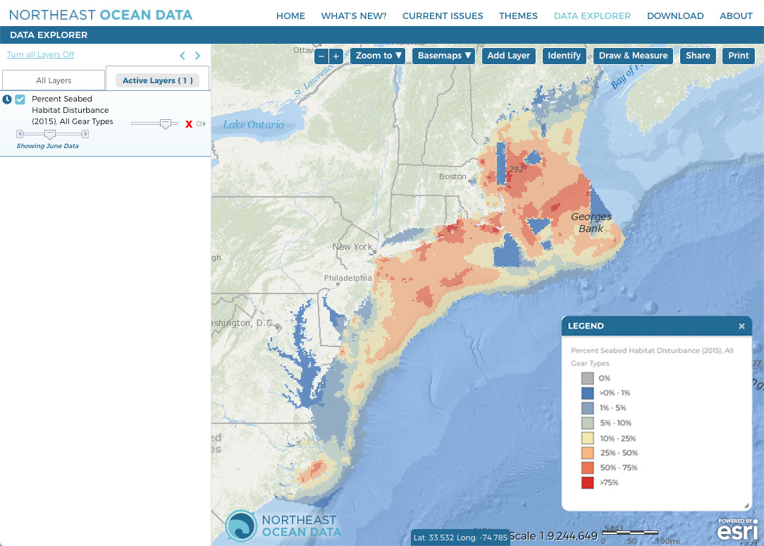 Example map showing Percent Seabed Habitat Disturbance for all gears in June 2015. Clicking on the clock icon next to the layer name in the Table of Contents activates the time slider.