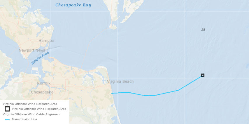 Screenshot of  Virginia Offshore Wind Research Area and Transmission Line
