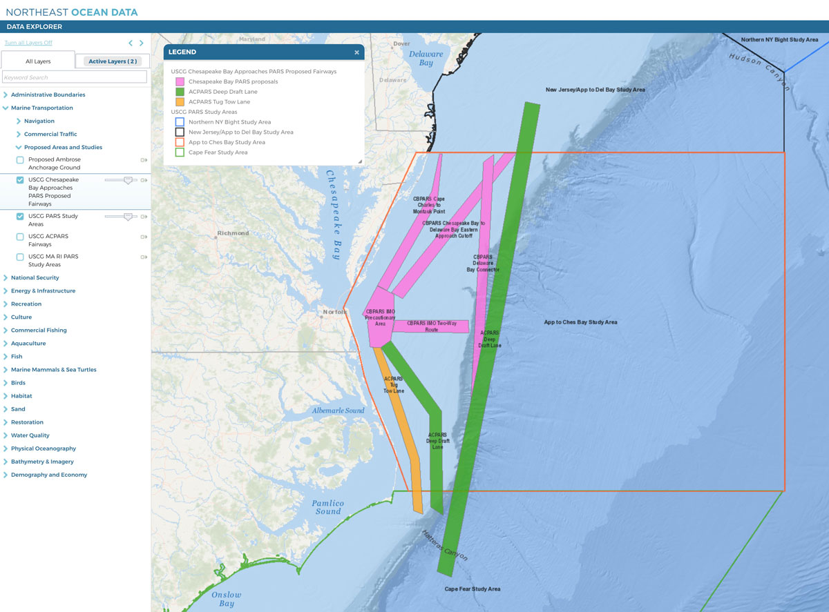 Screenshot of Data Explorer map showing the network of shipping safety fairways proposed by the report to accommodate vessels navigating to and from the Chesapeake Bay and around the Virginia offshore wind energy lease area.