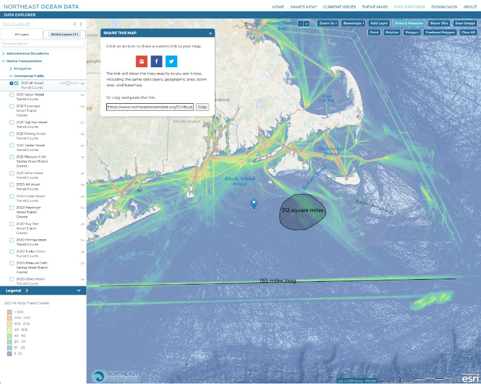 Screenshot of Data Explorer interactive map with examples of a point, line, and shape drawn by the user, which will be included when the “Share This” tool is used to generate a shareable URL for the map.