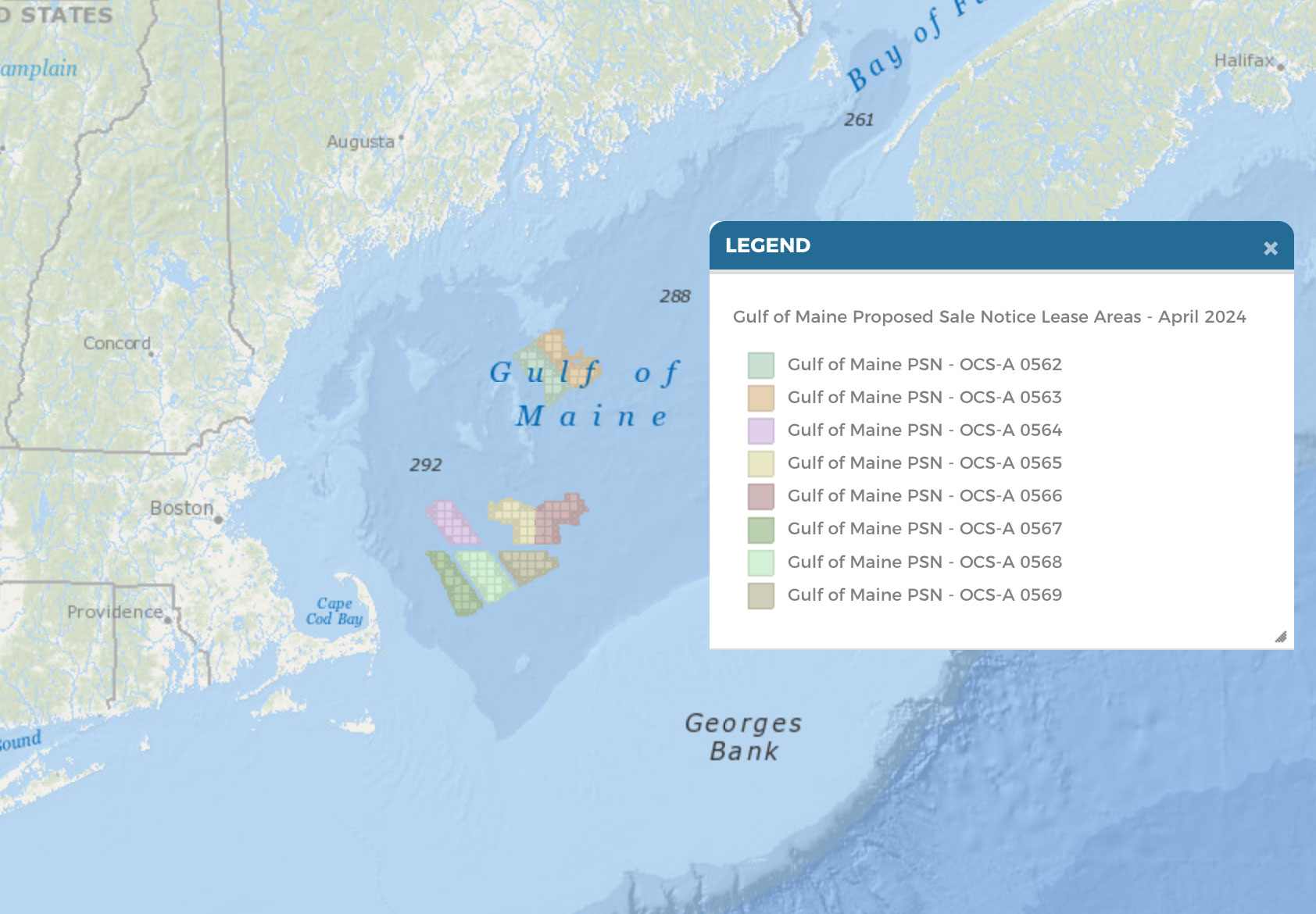 Map of BOEM Gulf of Maine Proposed Sale Notice Lease Areas