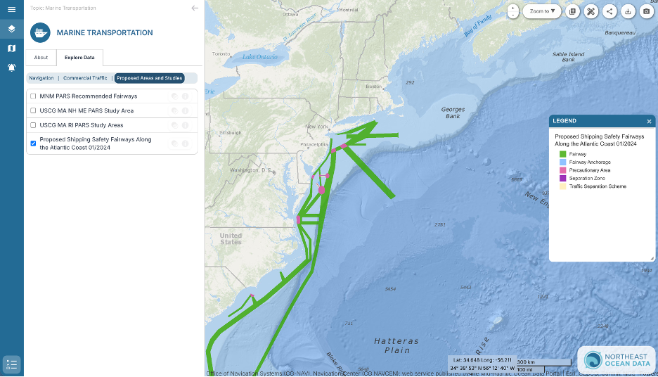 Map showing Proposed Shipping Safety Fairways Along the Atlantic Coast